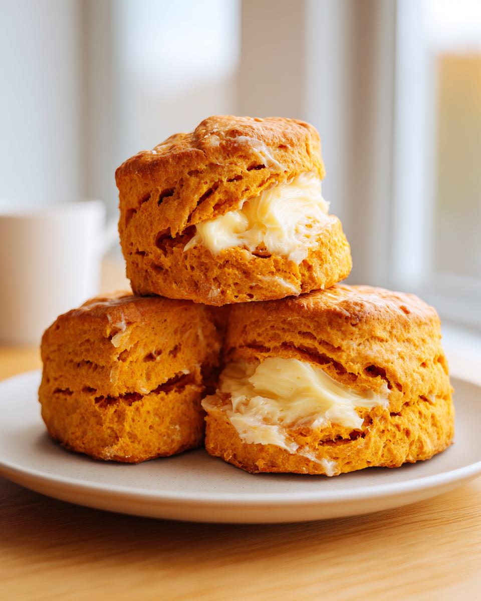 A stack of three golden orange sweet potato biscuits, split and generously filled with soft butter.