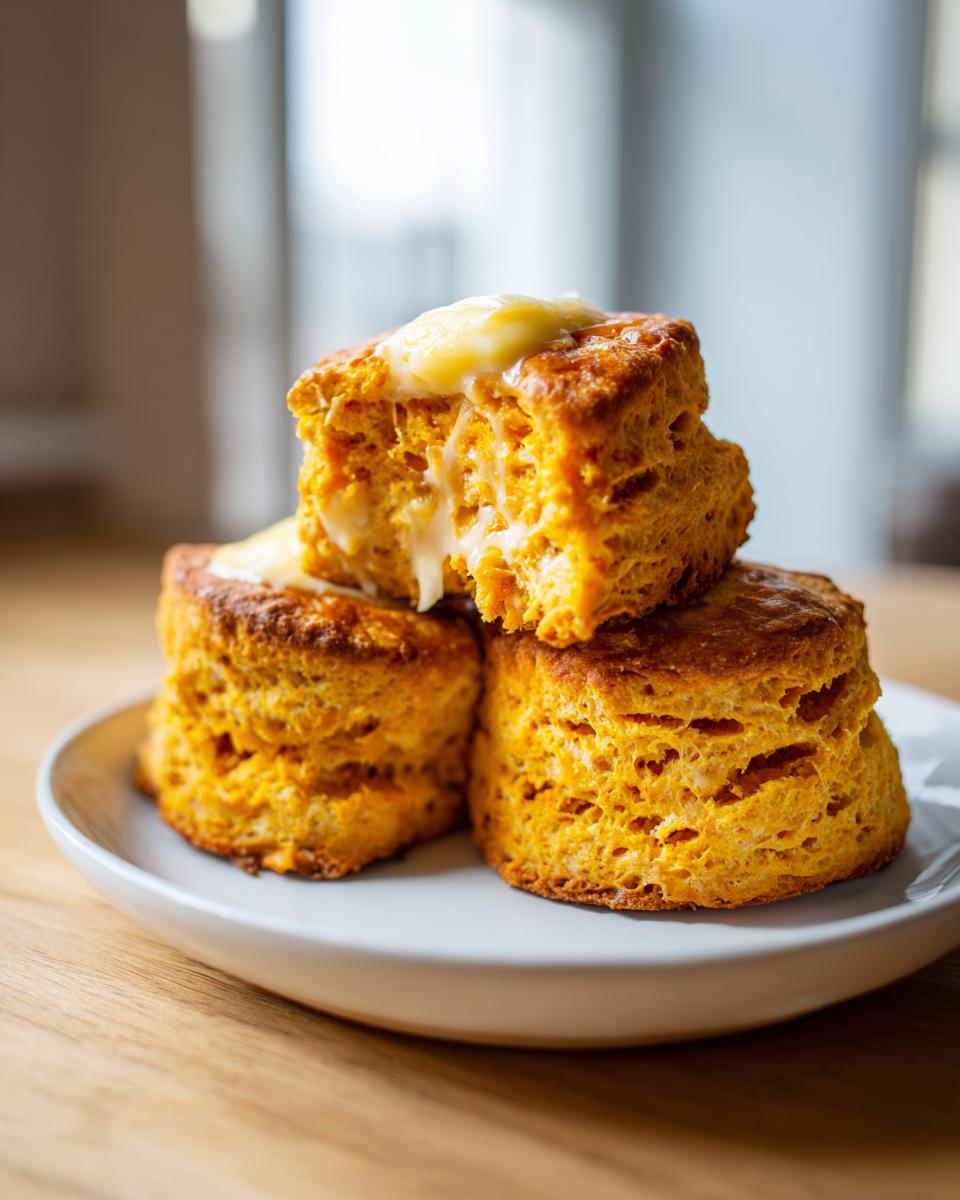 Three fluffy, orange sweet potato biscuits stacked on a white plate, topped with melting butter.