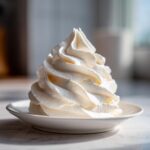A tall, perfectly piped swirl of light, fluffy vanilla buttercream frosting sitting on a small white saucer.