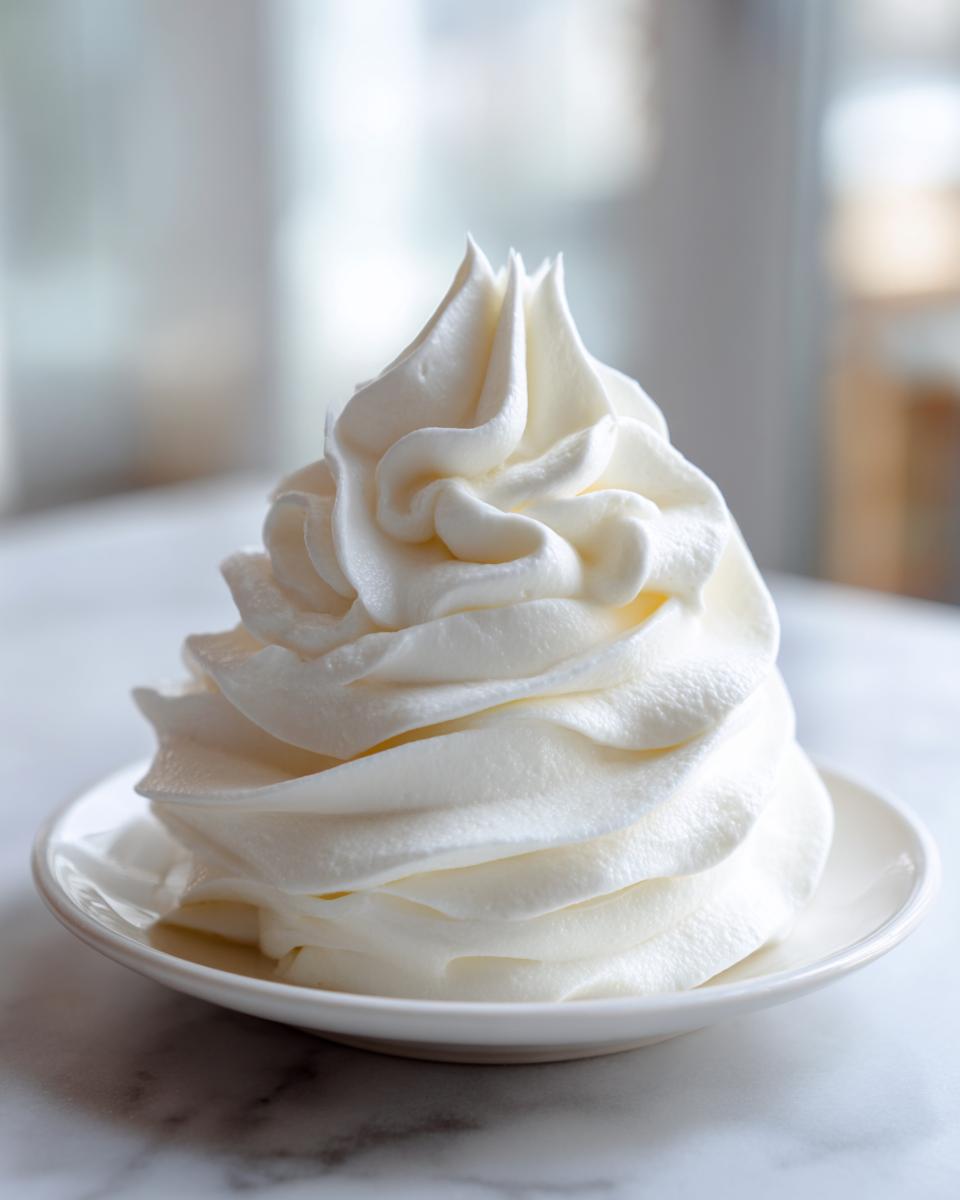 A tall, perfectly piped swirl of bright white vanilla buttercream frosting sitting on a small white saucer.
