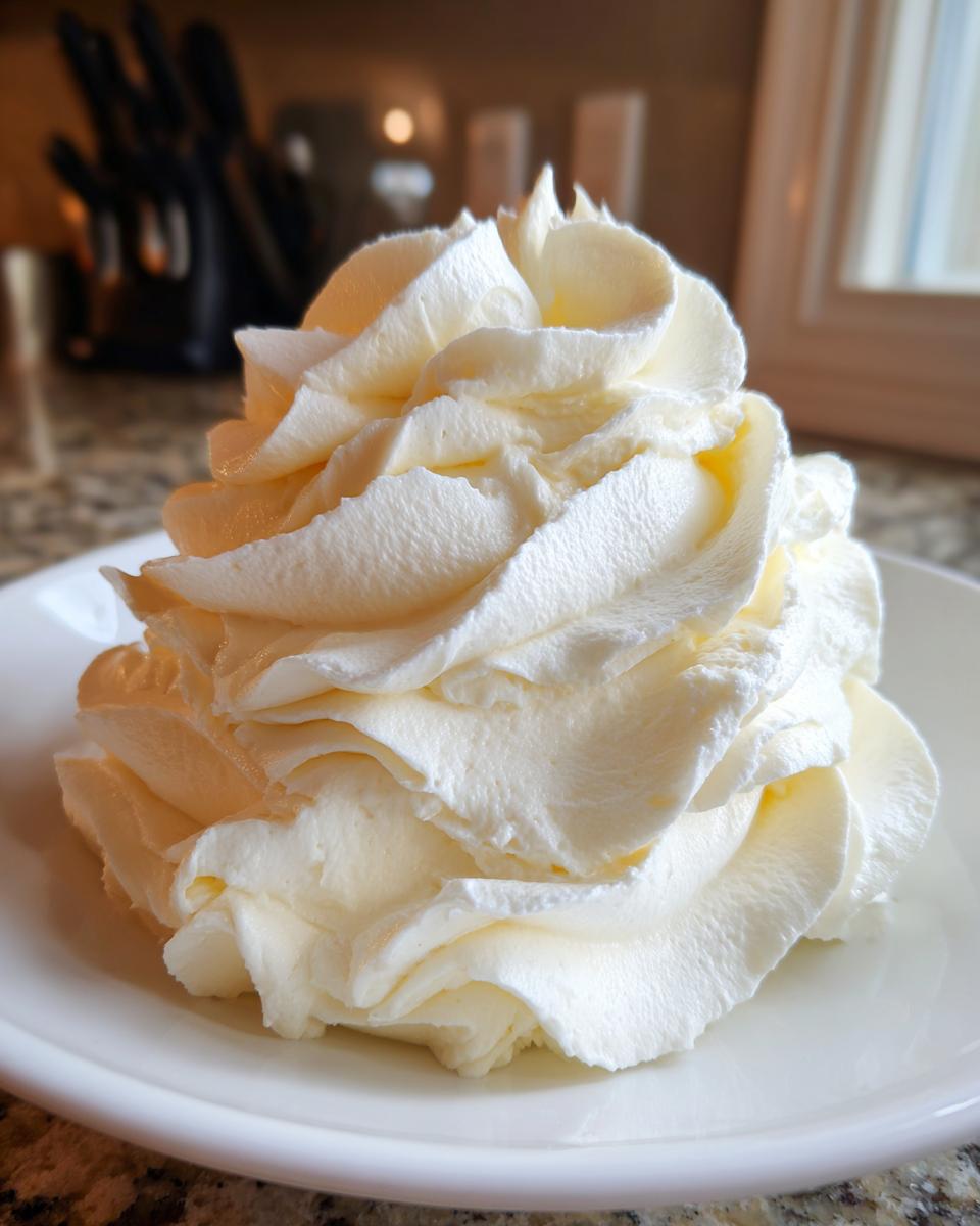 A perfect swirl of pale yellow vanilla buttercream frosting piped high onto a white plate.