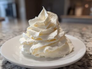A beautiful, tall swirl of fluffy white vanilla buttercream piped onto a small white plate.
