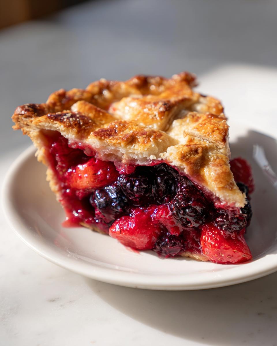 A close-up of a slice of berry pie showing juicy strawberries and blackberries under a golden lattice crust.
