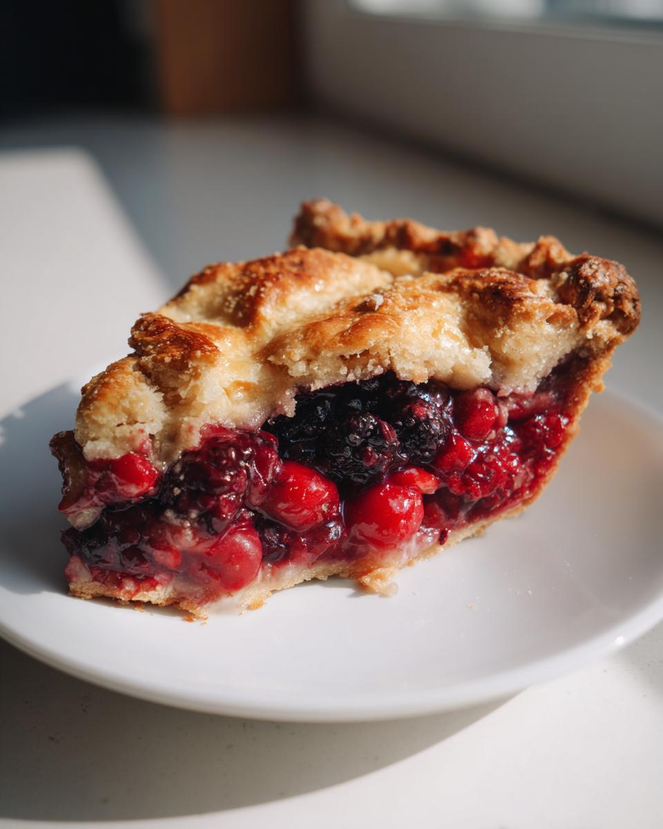 A close-up of a slice of berry pie showing a thick, juicy filling and a golden, sugared crust.