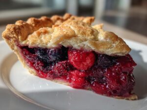Close-up of a perfect slice of berry pie showing a thick, juicy filling of raspberries and blueberries under a golden, flaky top crust.