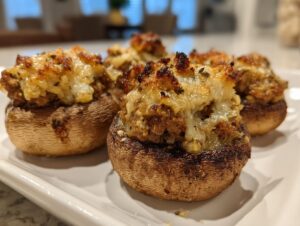 Close-up of baked sausage stuffed mushrooms with a golden, cheesy topping served on a white platter.