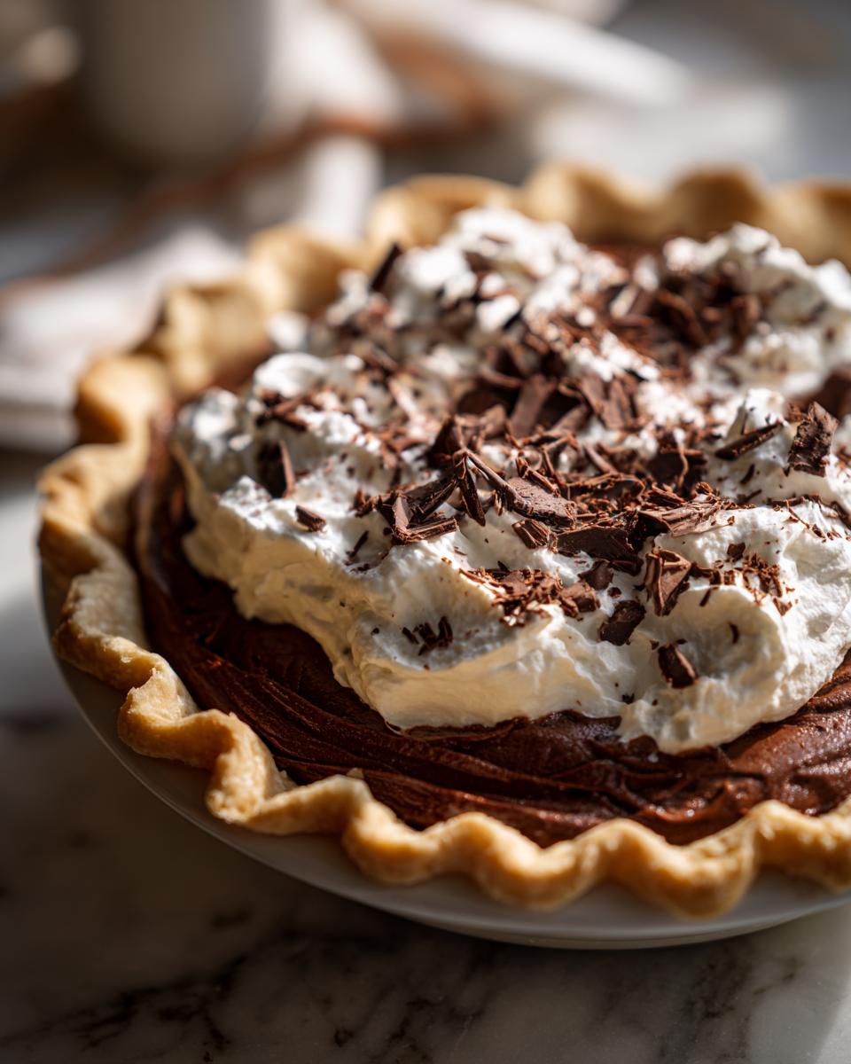 Close-up of a rich french silk pie featuring a flaky crust, dark chocolate filling, and generous whipped cream topped with chocolate shavings.