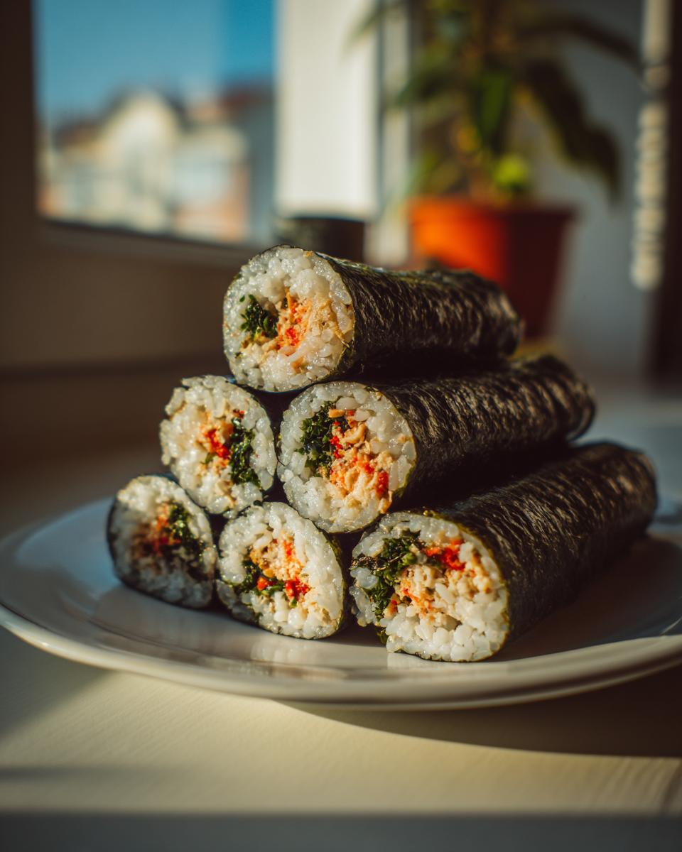A stack of freshly cut tuna kimbap rolls showing the rice, tuna filling, and green vegetables, served on a white plate.