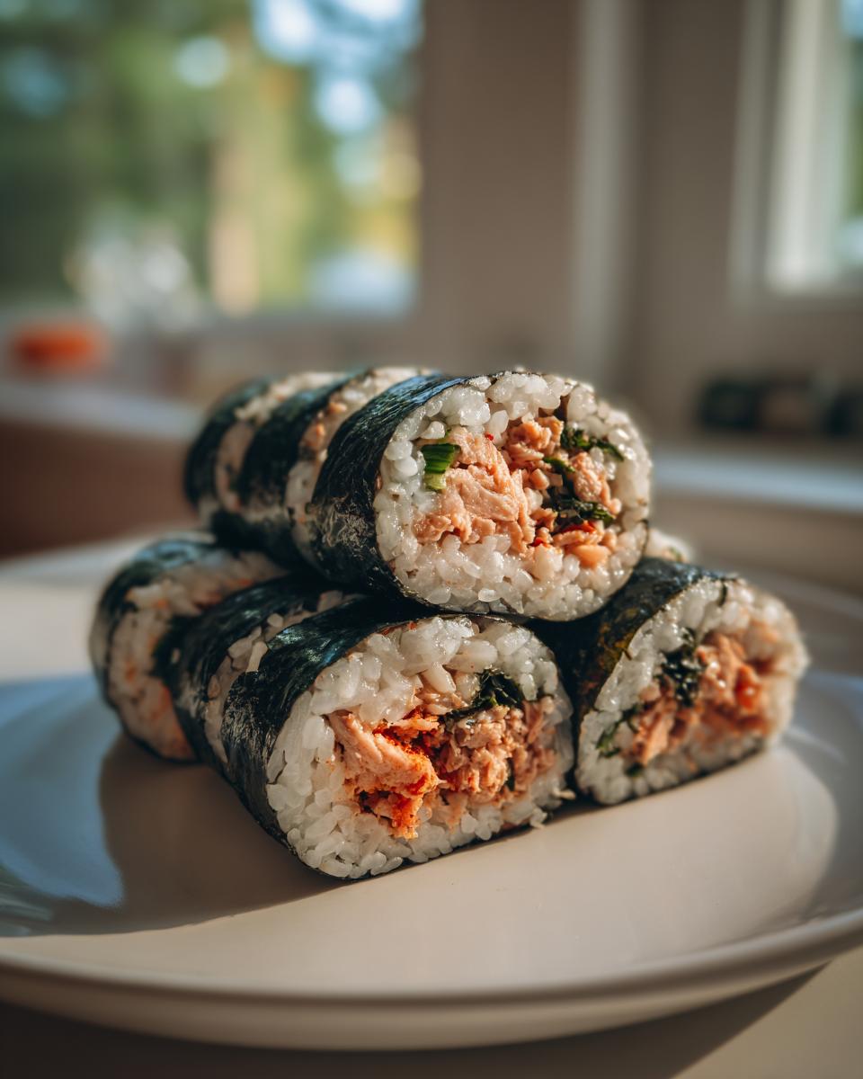 A stack of freshly sliced tuna kimbap rolls showing the rice, seaweed, and spicy tuna filling.