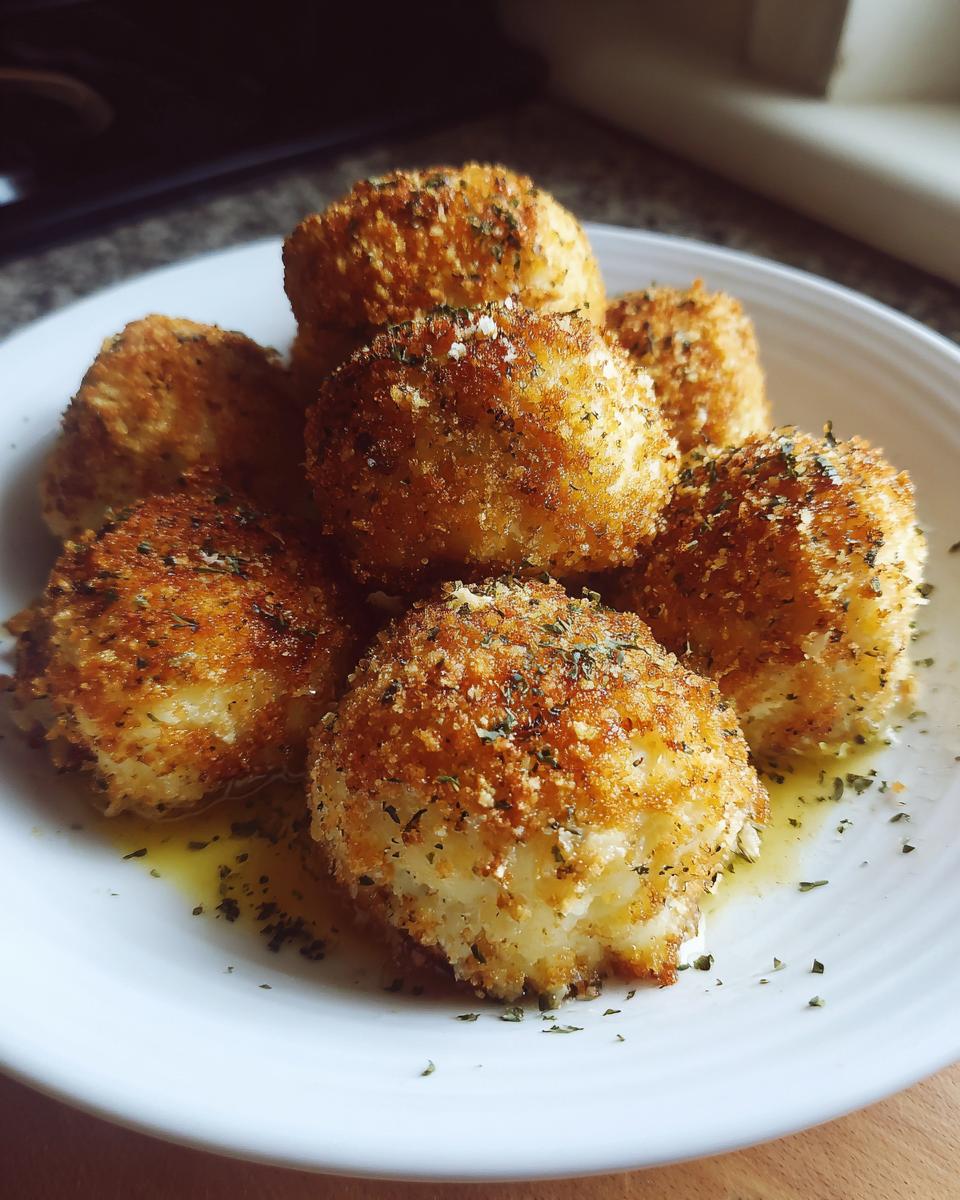 A pile of golden brown, crispy fried potato dumplings seasoned with herbs, resting in butter on a white plate.