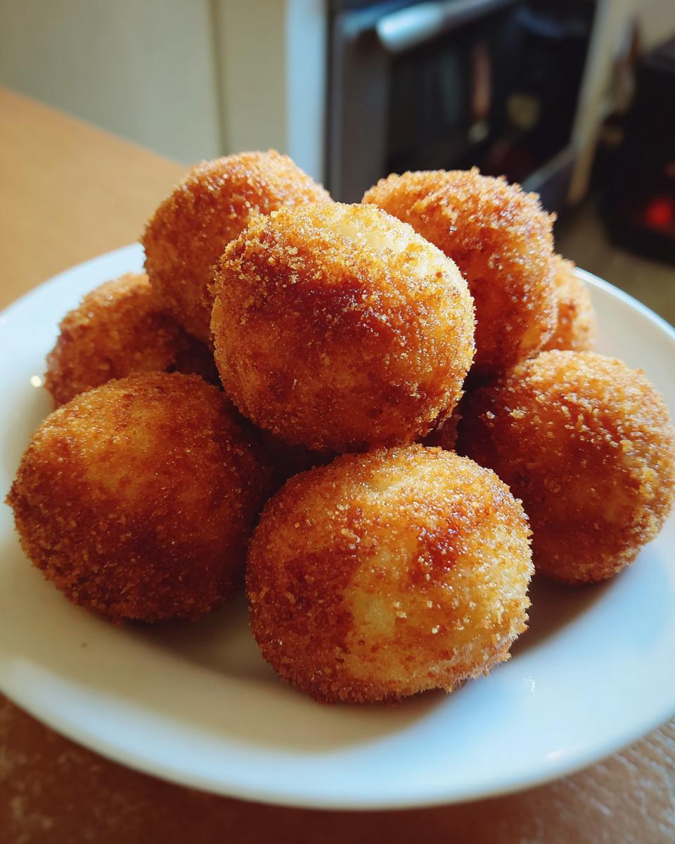 A pile of golden brown, crispy fried potato dumplings served on a white plate.