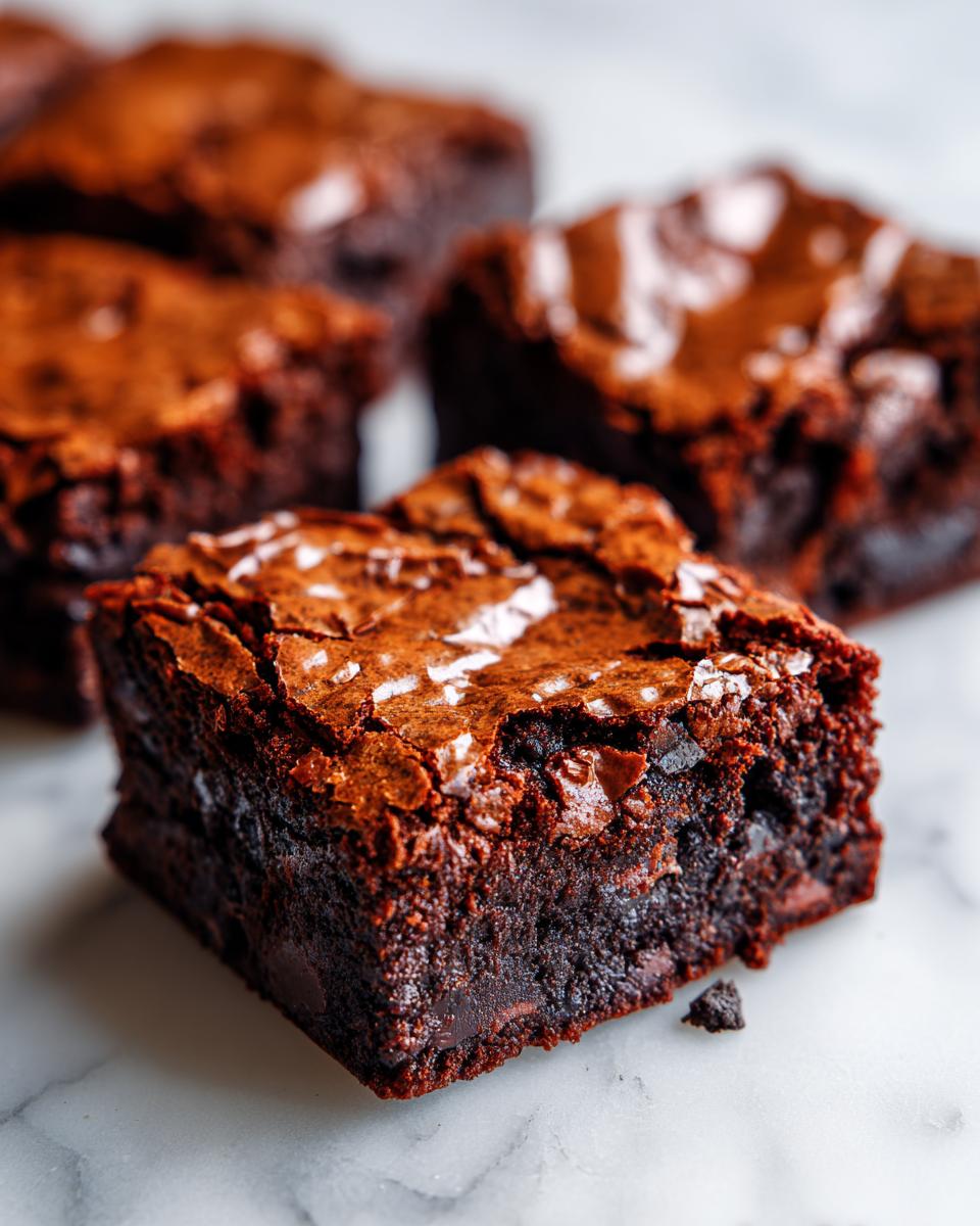 A close-up of a rich, fudgy Oreo brownie square with a shiny, cracked top, sitting on a white marble surface.