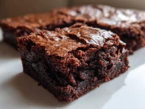 A close-up of a rich, fudgy square of oreo brownies showing a shiny, crackly top crust.