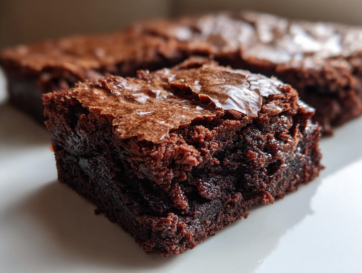 A close-up of a rich, fudgy square of oreo brownies showing a shiny, crackly top crust.