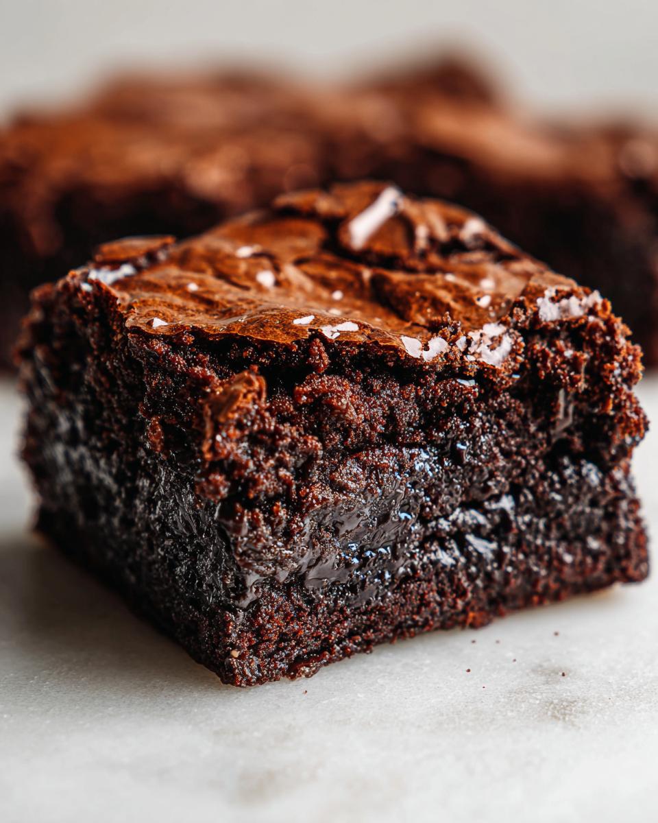 A close-up shot of a rich, fudgy Oreo brownie square topped with flaky sea salt.