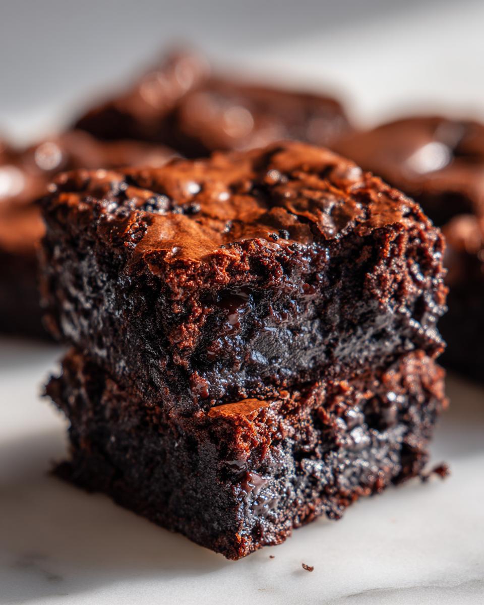 Two rich, fudgy oreo brownies stacked on a white marble surface, showing a glossy top crust.