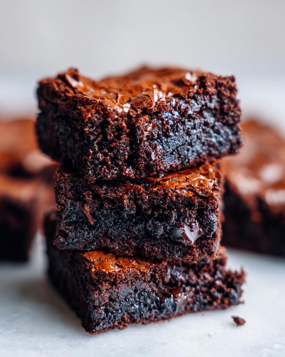 A close-up stack of three incredibly fudgy, dark chocolate oreo brownies with shiny, cracked tops.