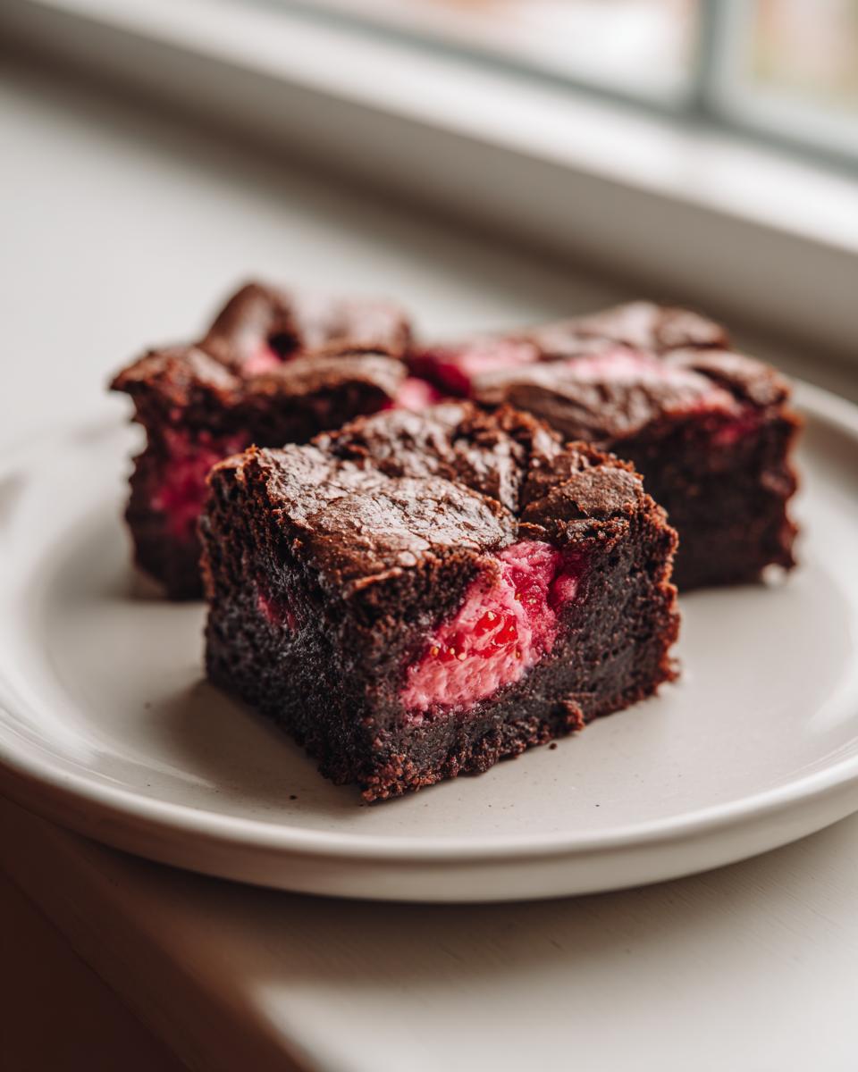 A close-up shot of fudgy strawberry brownies with bright pink filling, served on a light plate near a window.