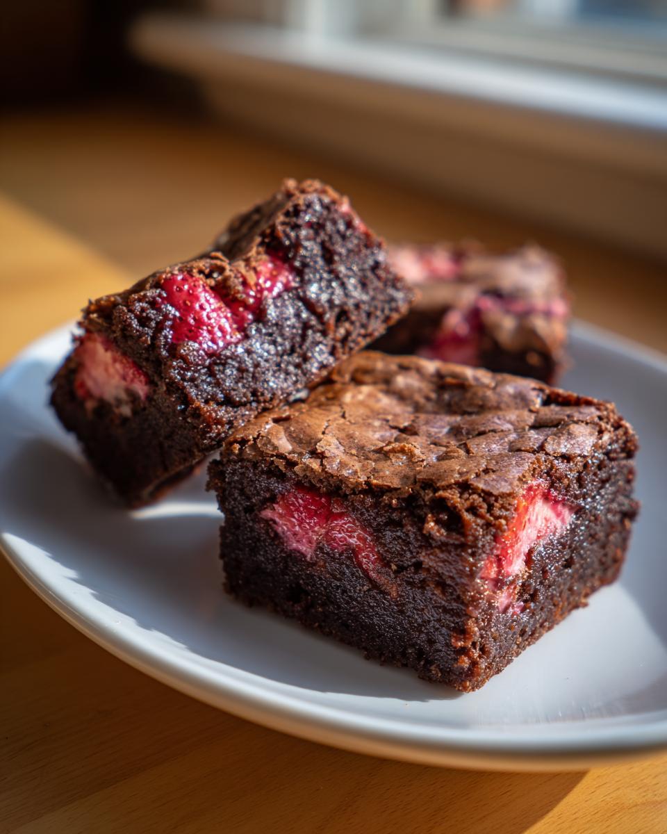 Close-up of fudgy strawberry brownies on a white plate, showing bright red strawberry pieces baked inside the dark chocolate.