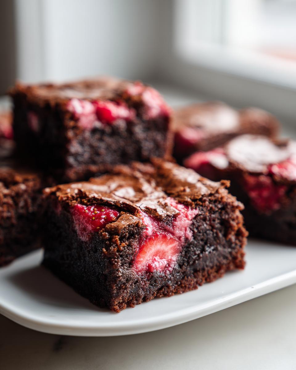 Close-up of a fudgy strawberry brownie square showing a bright red slice of strawberry baked inside the rich chocolate batter.