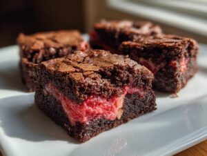 Close-up of fudgy strawberry brownies cut into squares, showing a vibrant pink strawberry filling layer.
