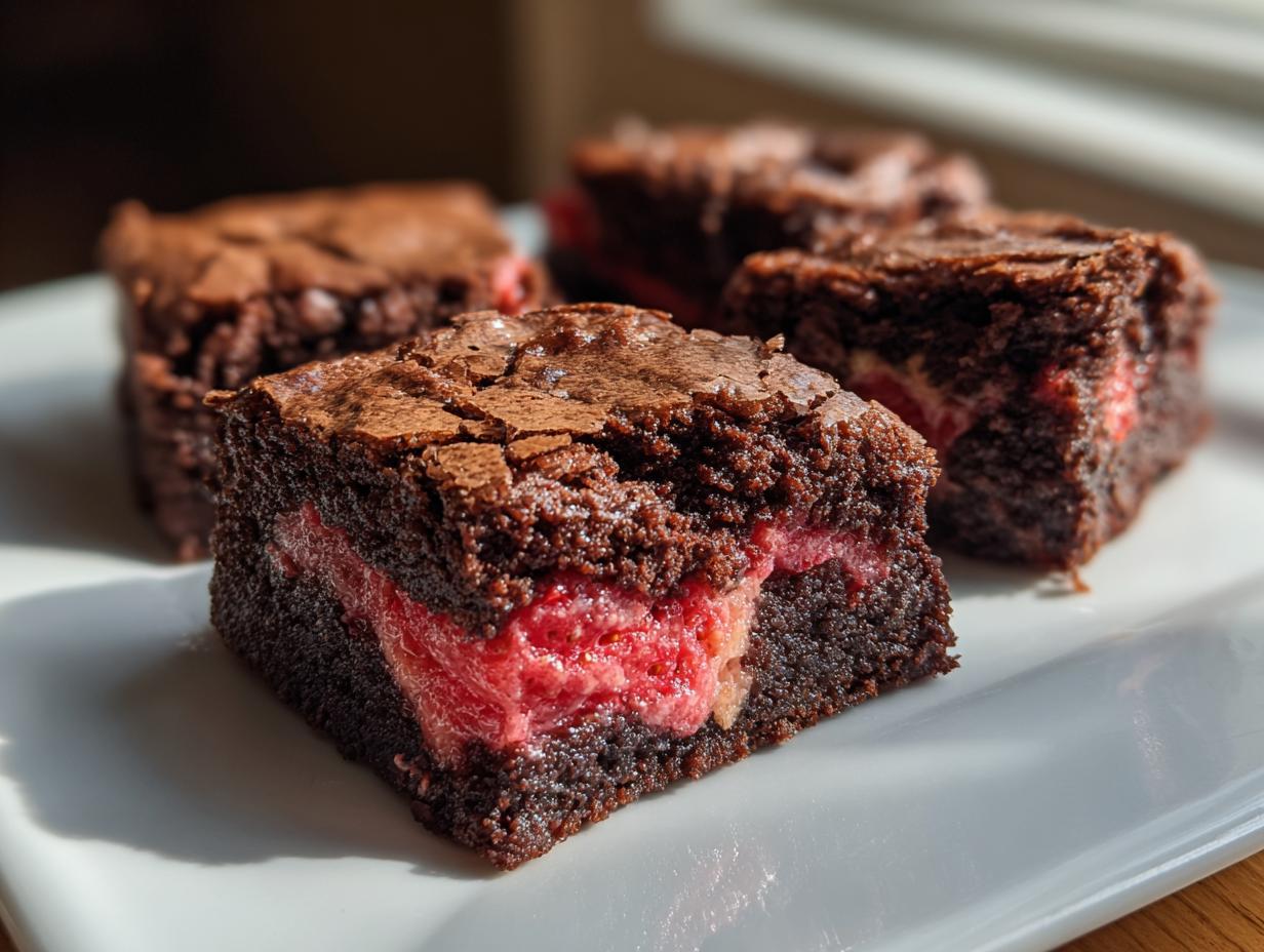 Close-up of fudgy strawberry brownies cut into squares, showing a vibrant pink strawberry filling layer.
