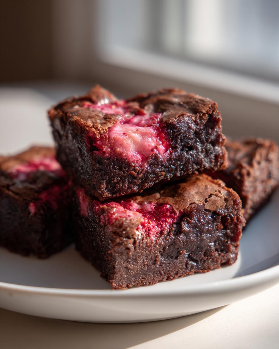 Close-up of fudgy strawberry brownies stacked on a white plate, showing the rich chocolate interior and bright pink strawberry swirl.