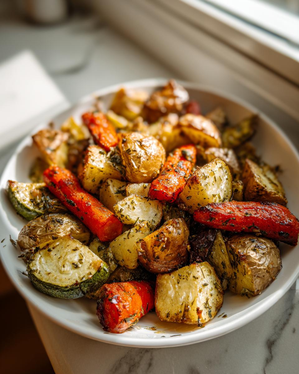 Close-up of a white bowl filled with golden brown Garlic Herb Roasted Veggies, including potatoes, carrots, and zucchini.
