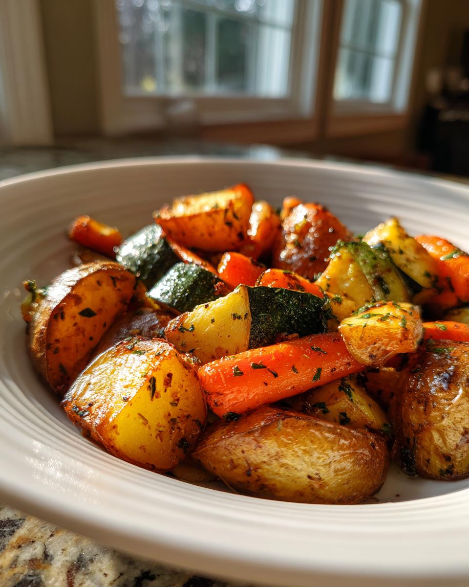 A close-up of golden brown Garlic Herb Roasted Veggies, including potatoes, carrots, and zucchini, seasoned with herbs.