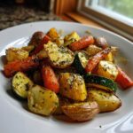 A close-up of perfectly cooked Garlic Herb Roasted Veggies, including potatoes, carrots, and zucchini, seasoned with herbs.