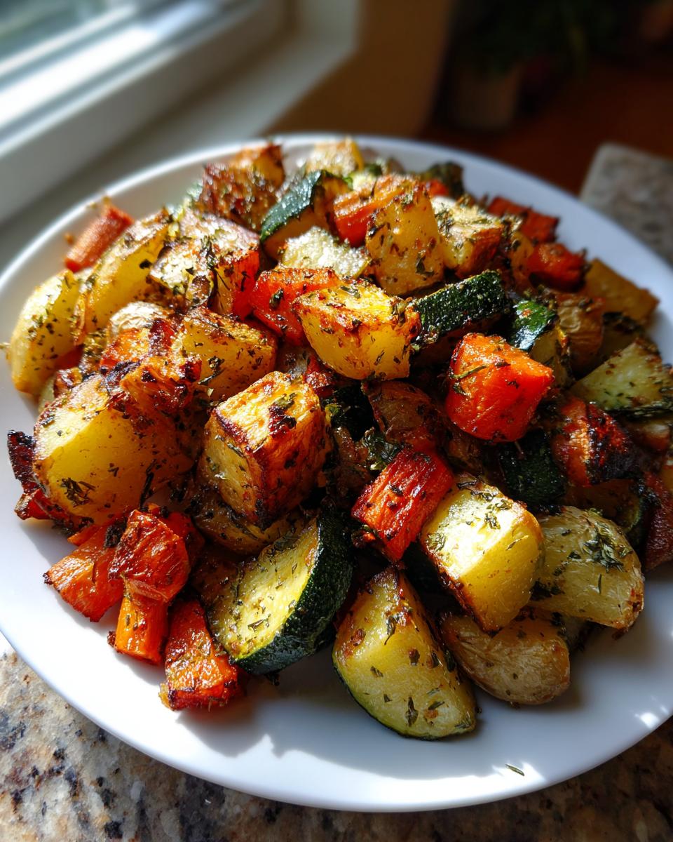 A close-up of perfectly cooked Garlic Herb Roasted Veggies, including potatoes, carrots, and zucchini, seasoned with herbs.