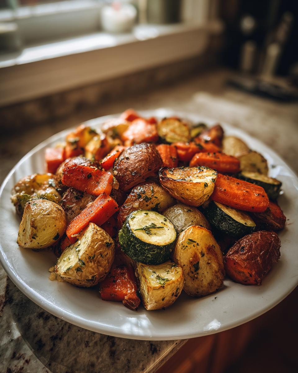A white plate piled high with golden brown Garlic Herb Roasted Veggies, including potatoes, carrots, and zucchini slices.
