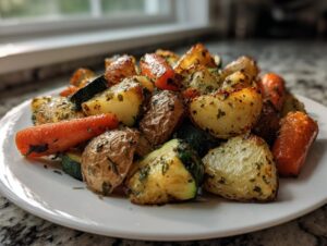 A close-up of perfectly cooked Garlic Herb Roasted Veggies, including potatoes, carrots, and zucchini, seasoned with herbs.