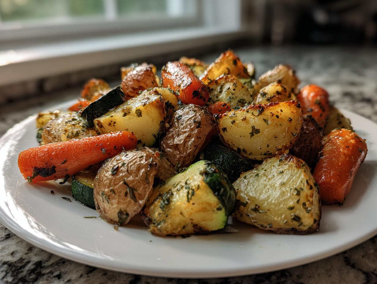A close-up of perfectly cooked Garlic Herb Roasted Veggies, including potatoes, carrots, and zucchini, seasoned with herbs.