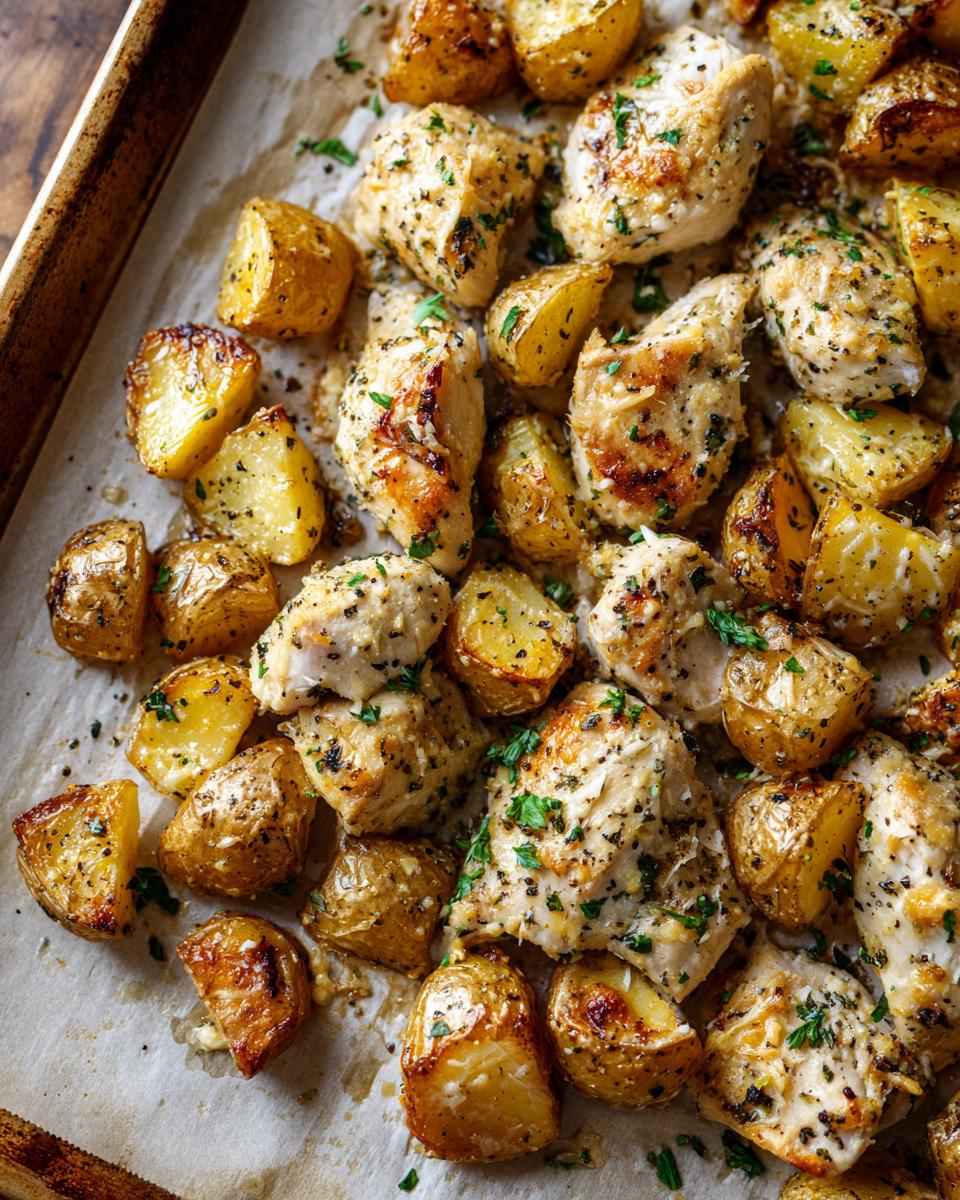Close-up overhead view of roasted garlic parmesan chicken and potatoes seasoned with herbs on a parchment-lined baking sheet.
