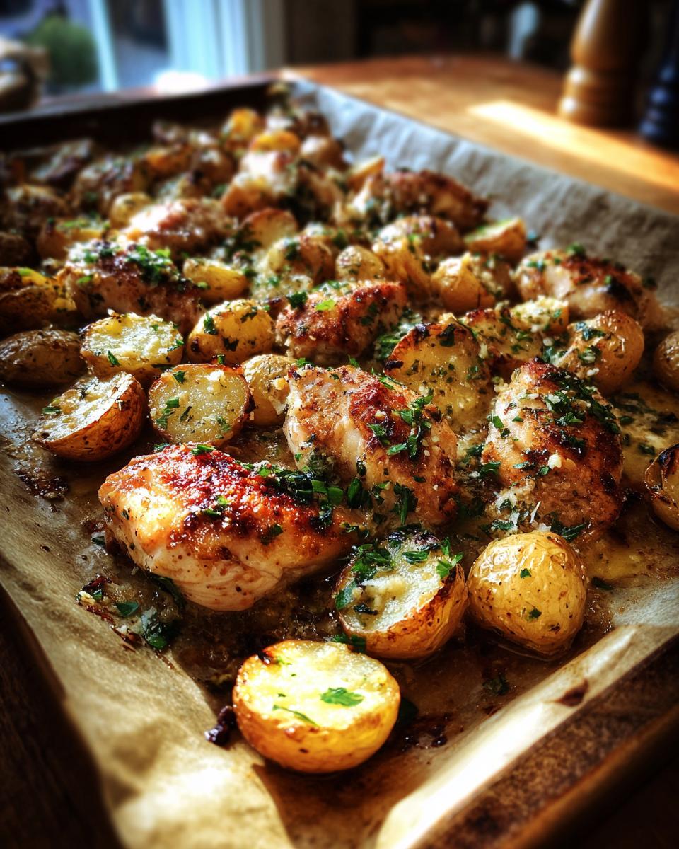 Close-up of golden brown garlic parmesan chicken and potatoes roasted on a baking sheet.