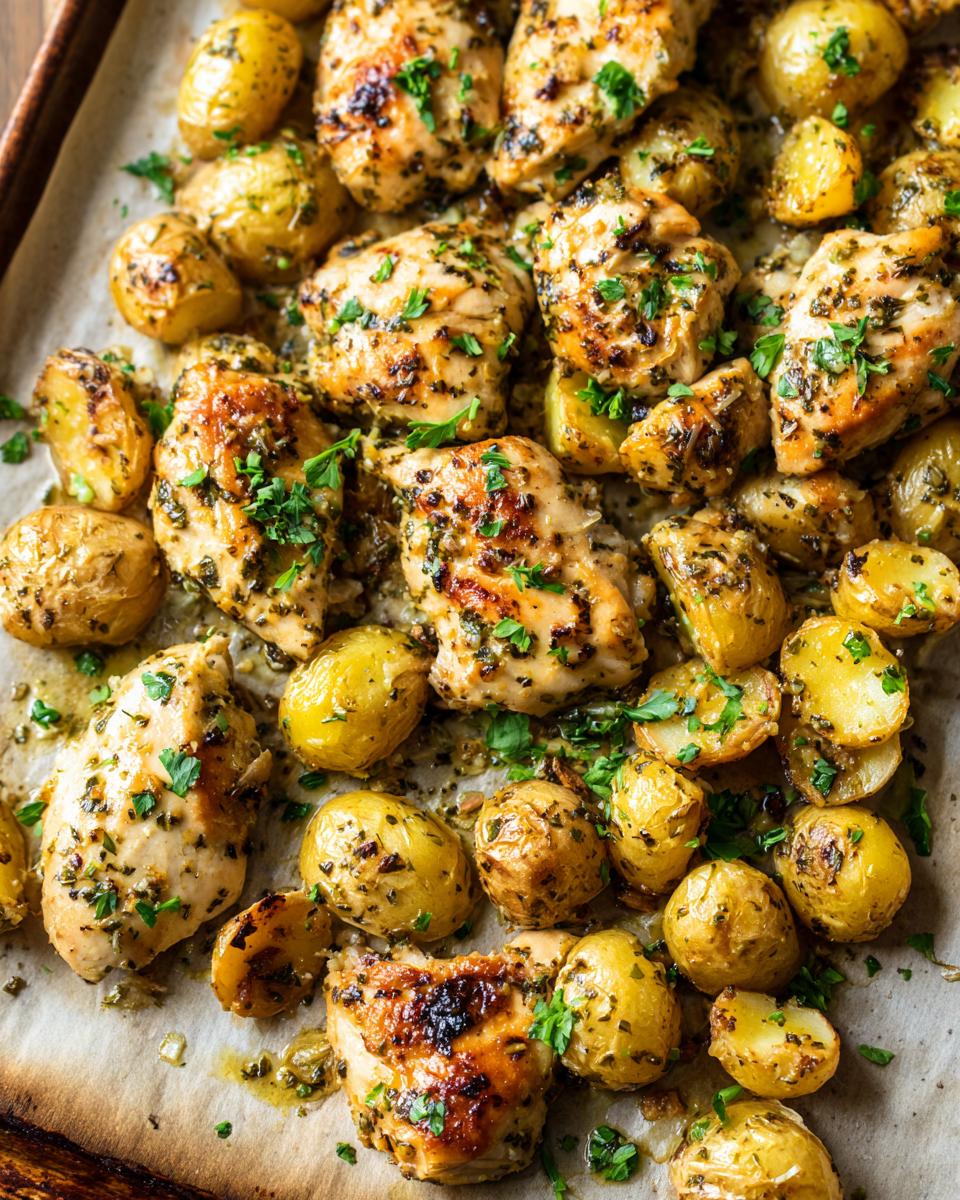 Close-up overhead view of baked garlic parmesan chicken and potatoes seasoned with herbs on parchment paper.