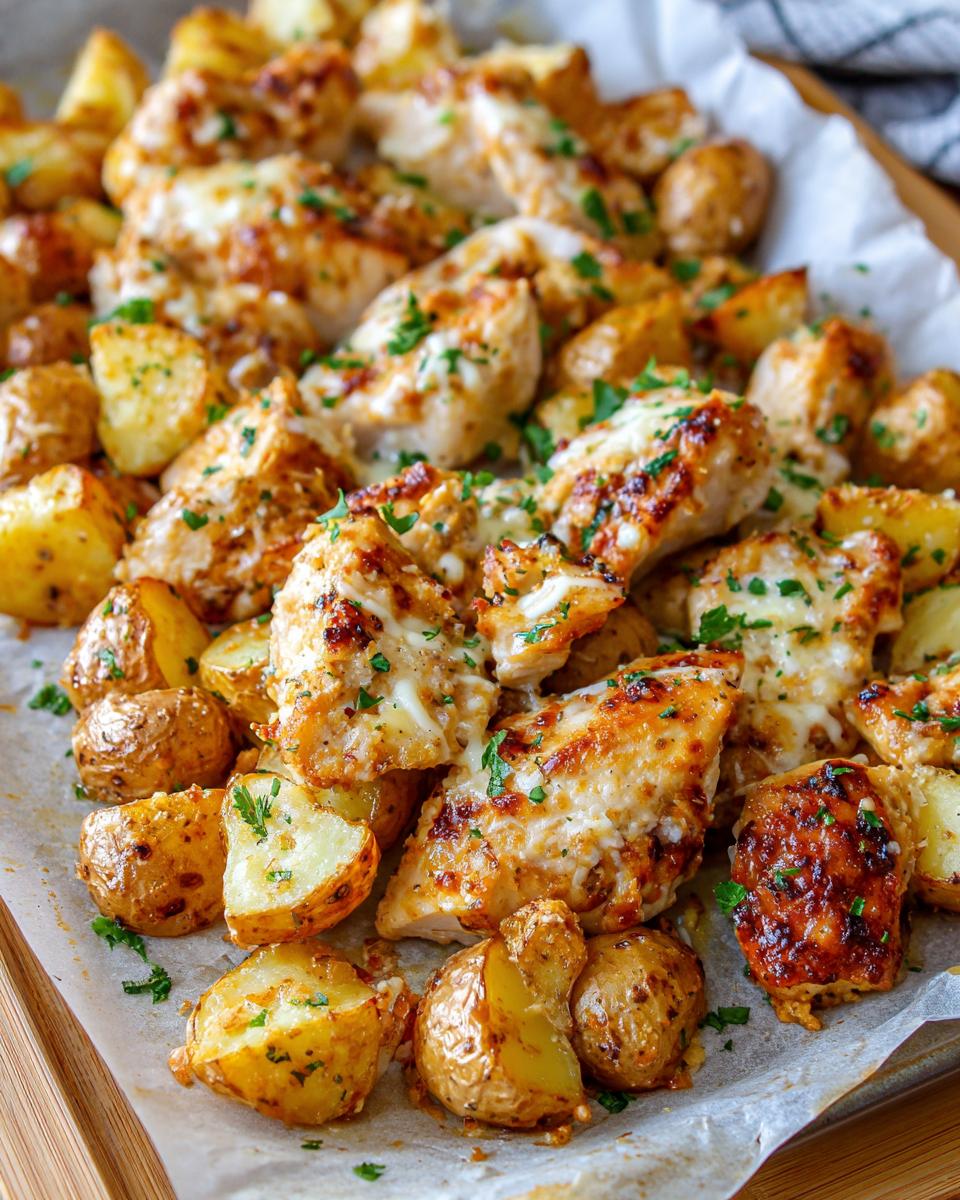 Close-up of baked garlic parmesan chicken and potatoes mixed together on parchment paper, topped with melted cheese and parsley.