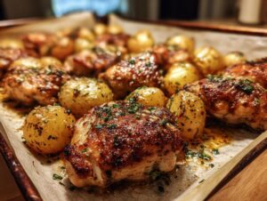Close-up of crispy, golden-brown garlic parmesan chicken and potatoes roasted together on a parchment-lined baking sheet.