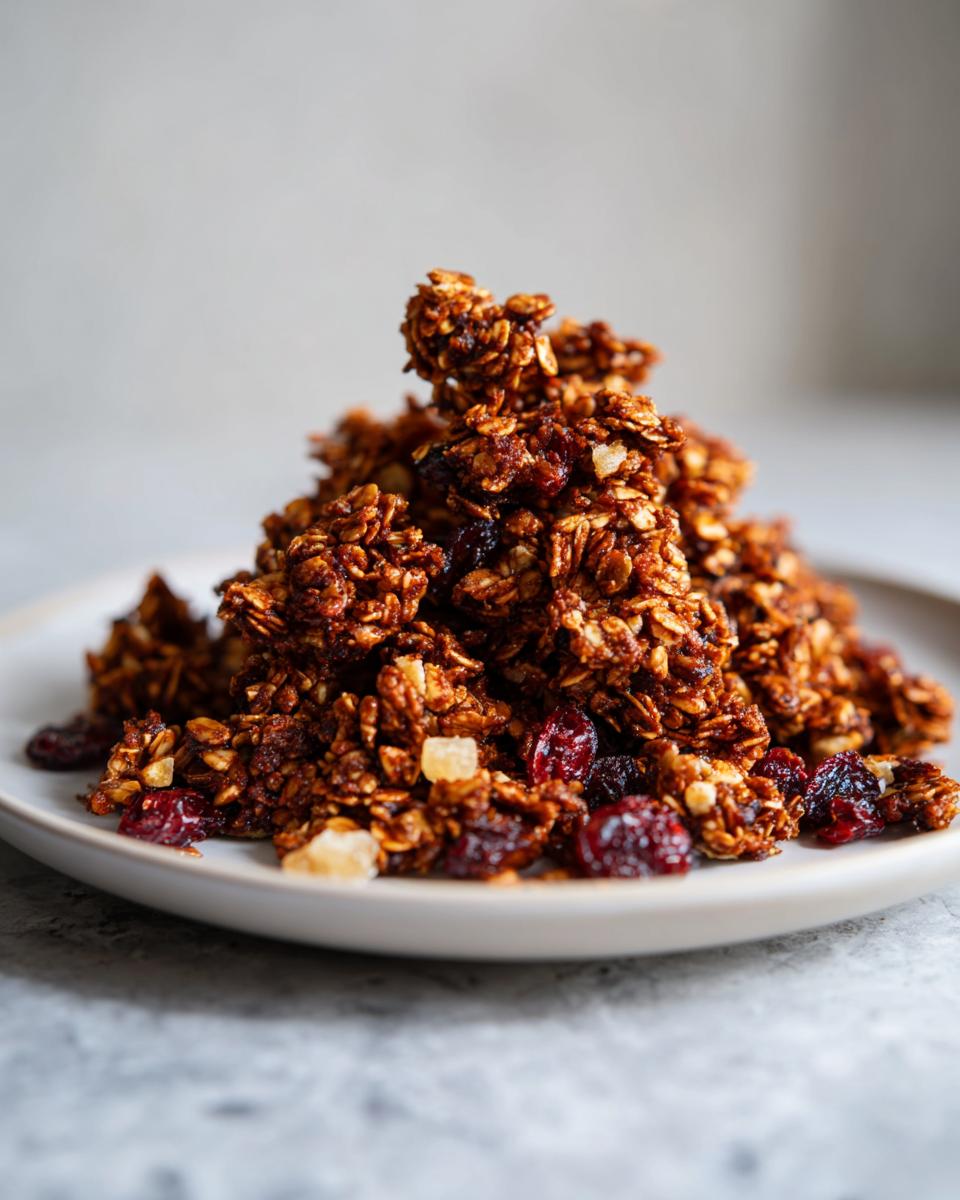A mound of dark, rich gingerbread granola clusters mixed with dried cranberries on a light plate.