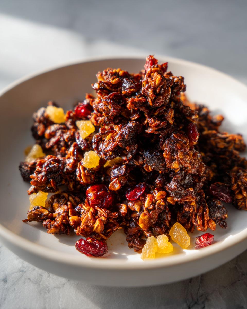 A mound of dark, rich gingerbread granola clusters mixed with dried cranberries and candied ginger pieces.
