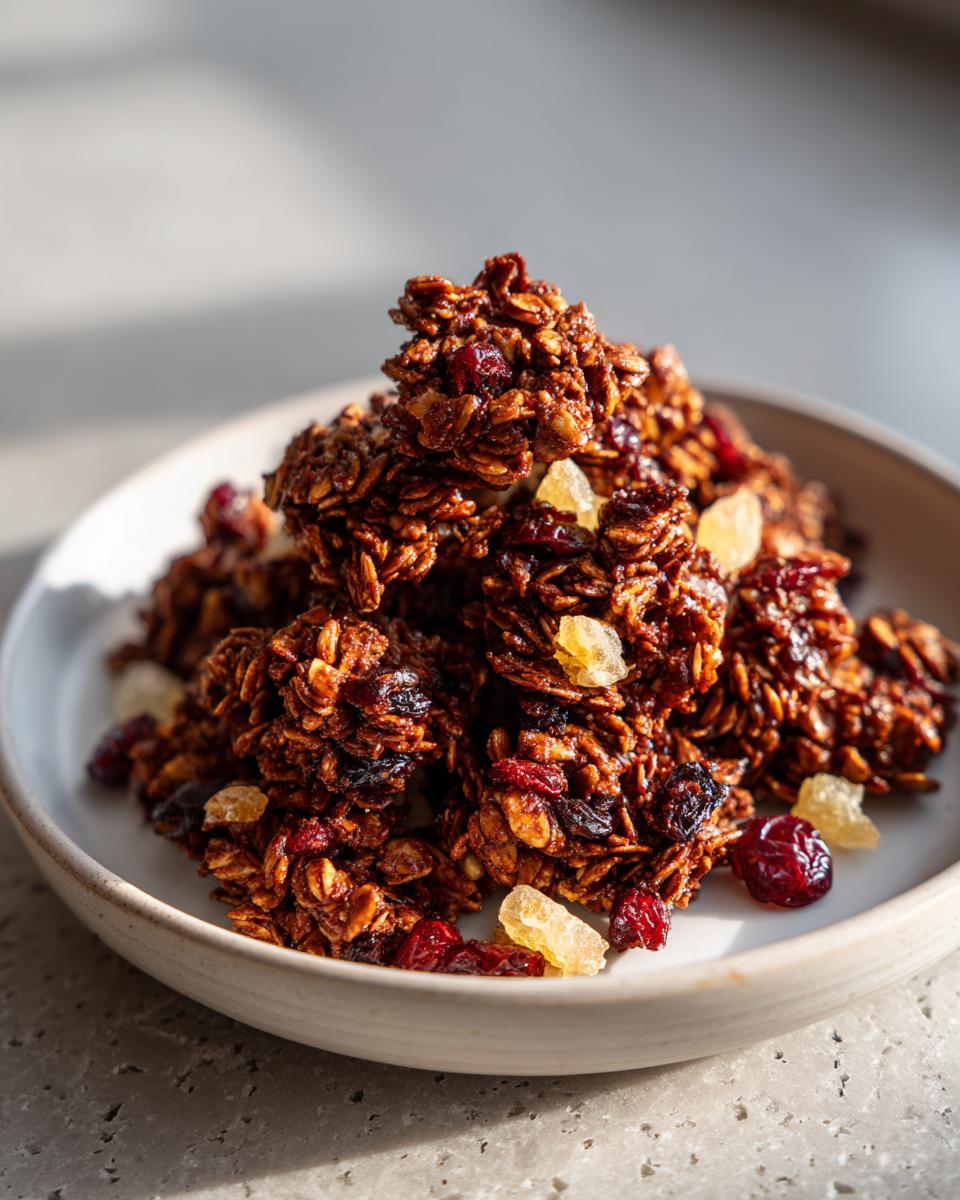 Close-up of dark, clustered gingerbread granola mixed with dried cranberries and candied ginger pieces on a light plate.