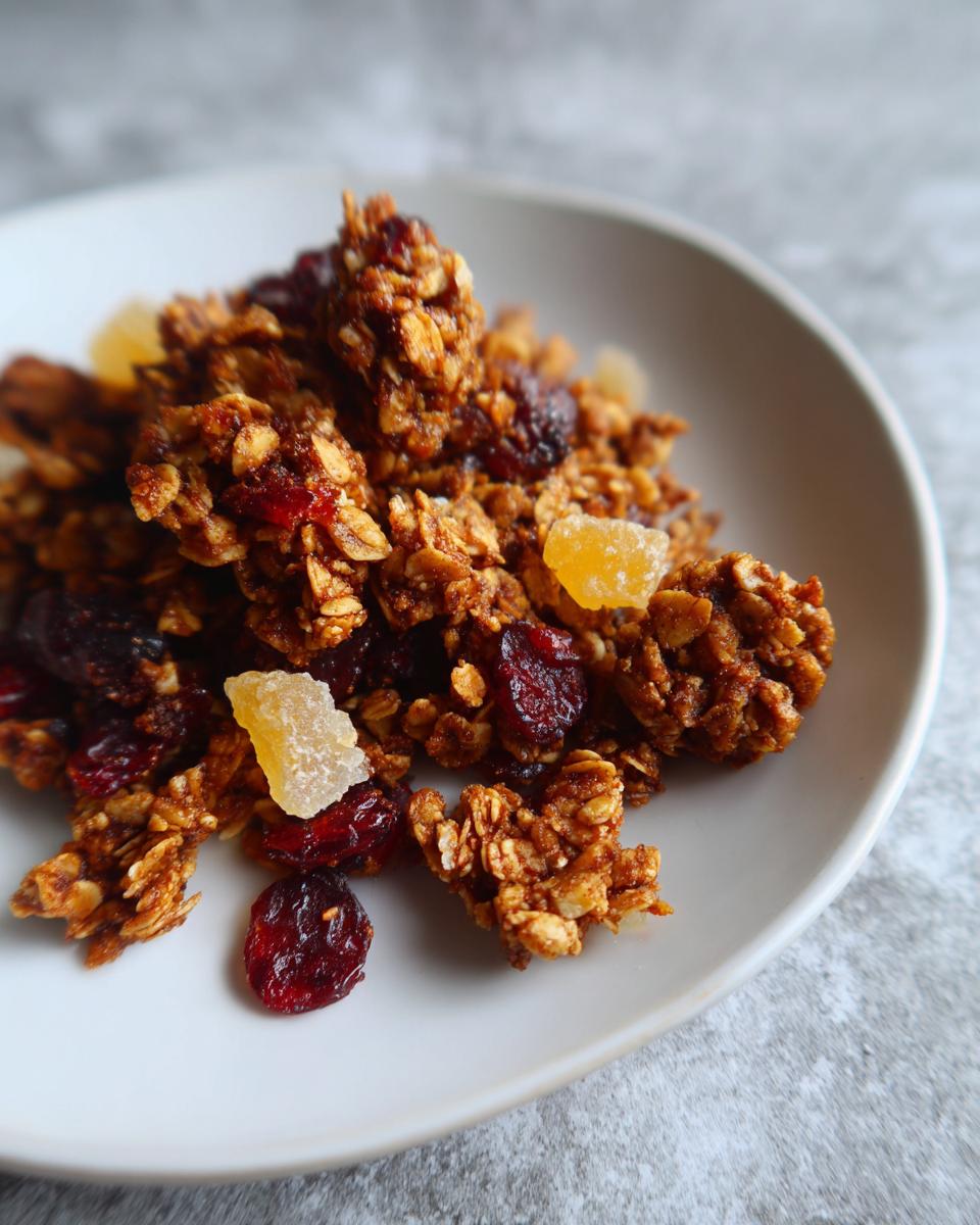 A close-up of rich, brown gingerbread granola mixed with dried cranberries and candied ginger pieces on a white plate.