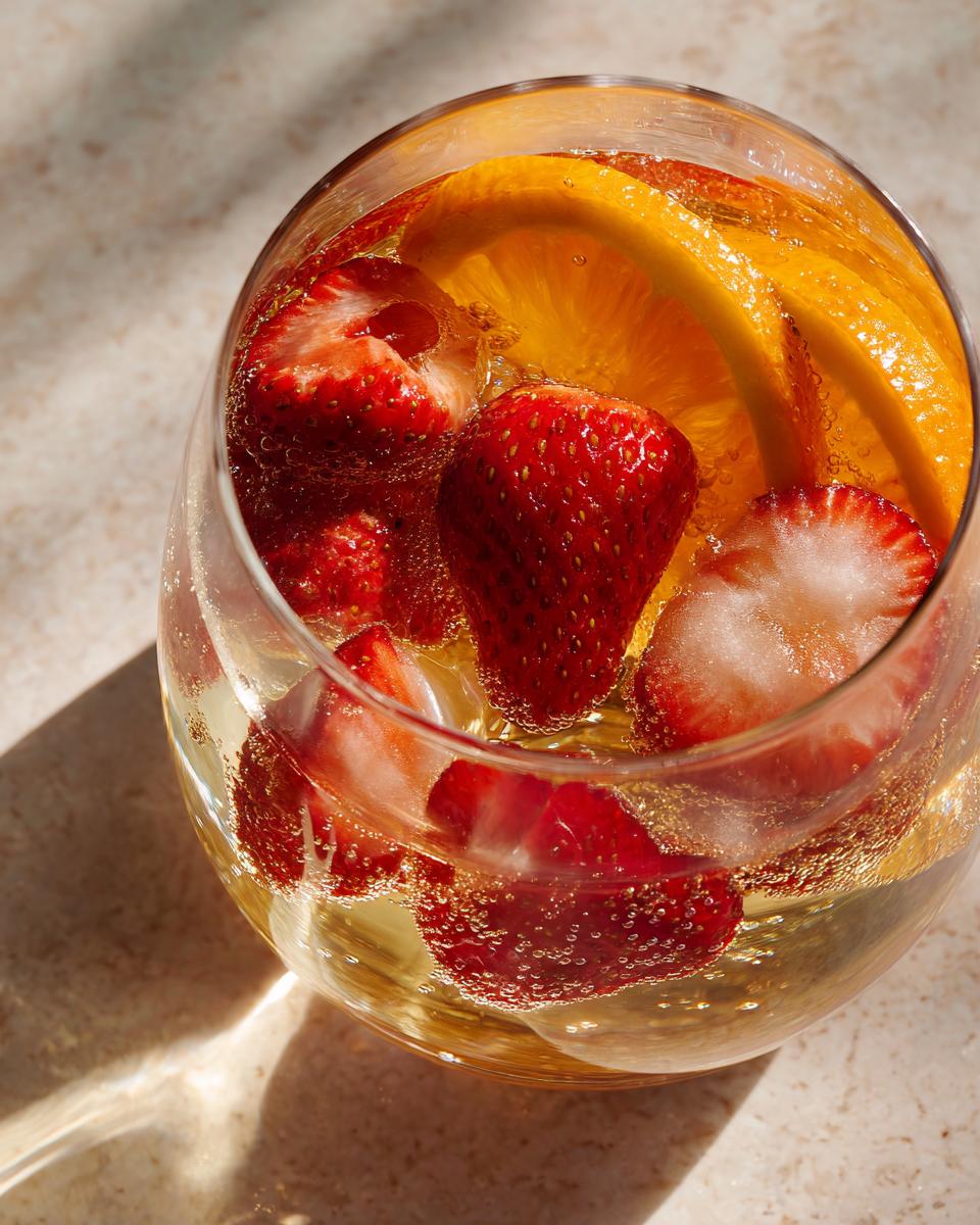 Close-up of a glass filled with bubbly champagne punch, garnished with fresh strawberries and an orange slice.