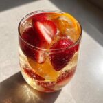 Close-up of a glass filled with sparkling champagne punch, ice, sliced strawberries, and orange pieces.