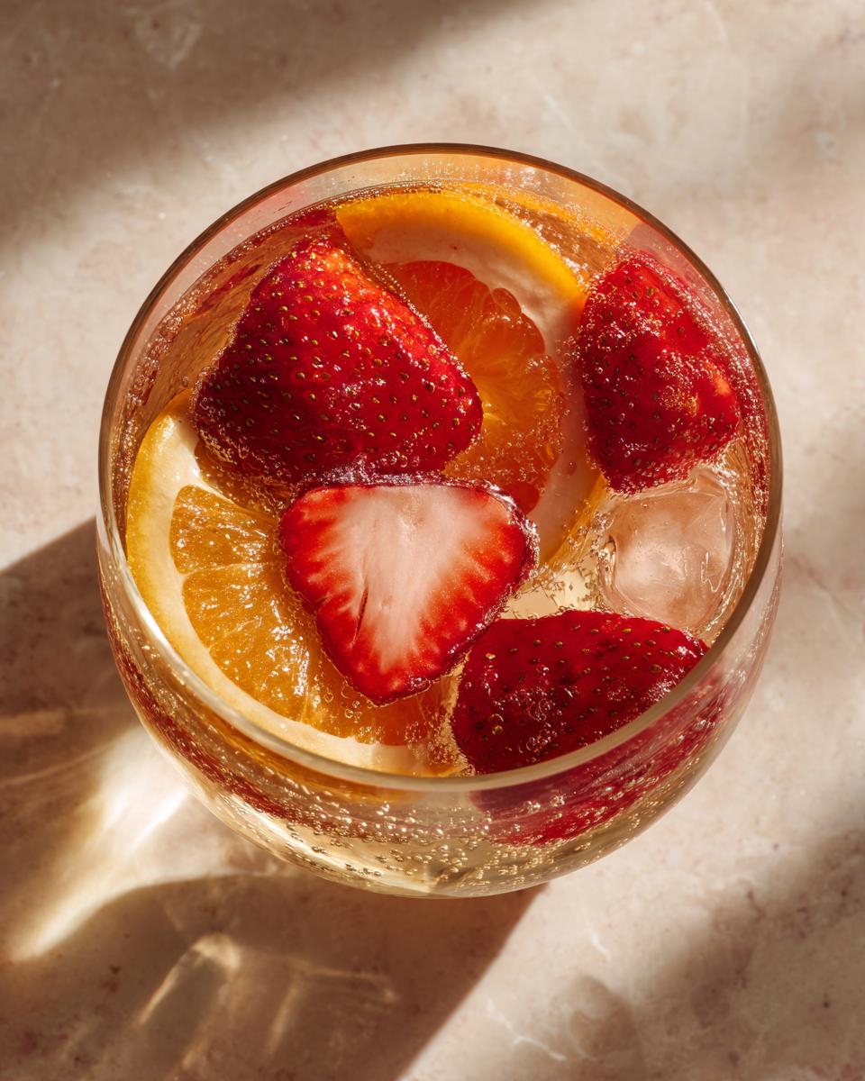 Overhead view of a glass filled with bubbly champagne punch, garnished with fresh strawberries and orange slices.