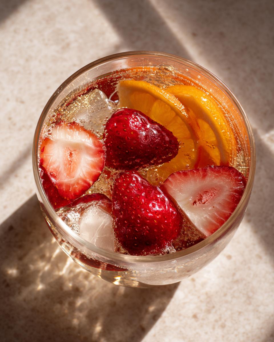 Overhead view of a glass containing bubbly champagne punch, ice cubes, fresh strawberries, and orange slices.