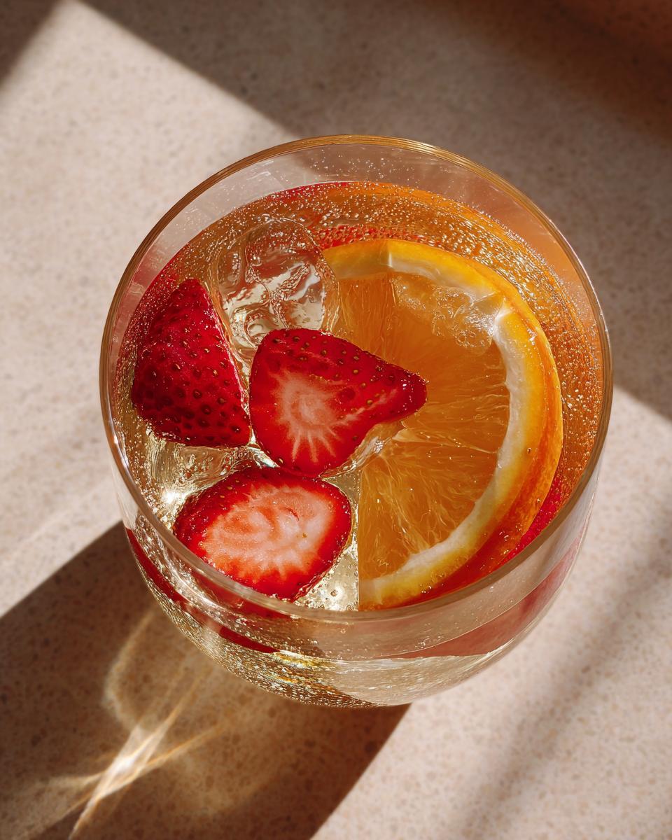 Overhead view of a glass containing bubbly champagne punch garnished with fresh strawberries and an orange slice.