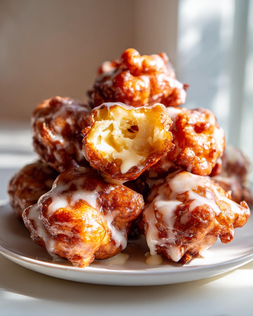 A stack of freshly fried, glazed apple fritter pieces, one broken open showing the tender interior.
