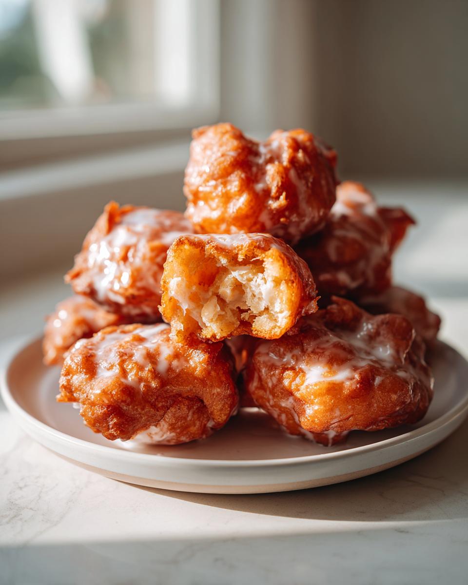 A stack of golden brown, glazed apple fritter pieces piled on a plate, with one fritter broken open showing the tender interior.